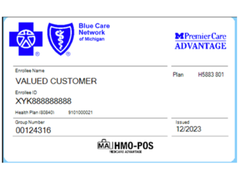 Blue Cross Network of Michigan example health plan ID card