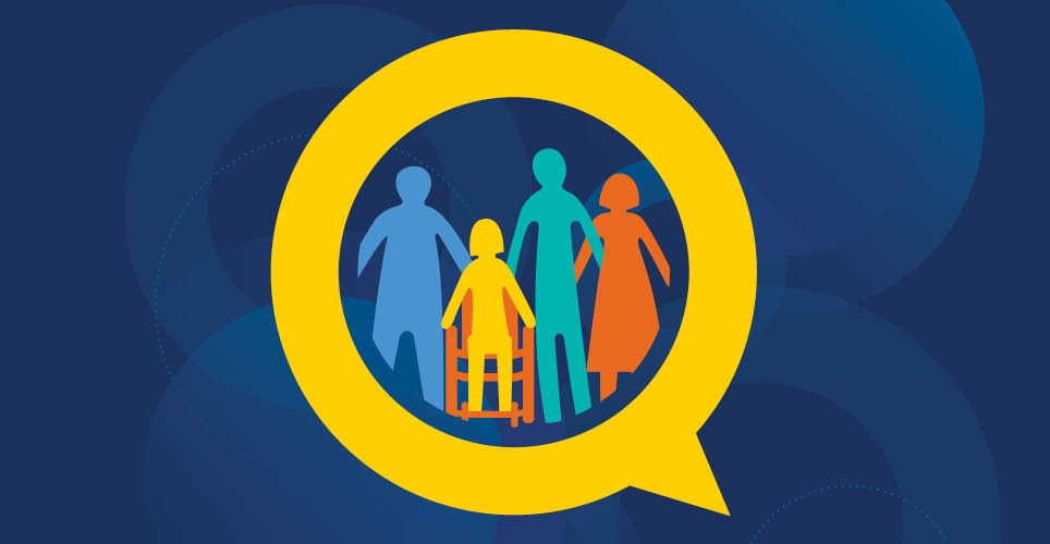 yellow talk bubble on blue field with 4 shapes representing people