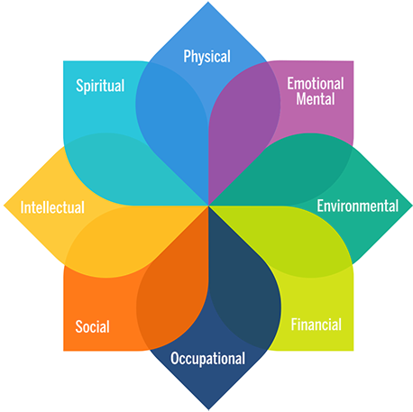The university's model of well-being with eight dimensions: Physical, Emotional and Mental, Environmental, Financial, Occupational, Social, Intellectual and Spiritual
