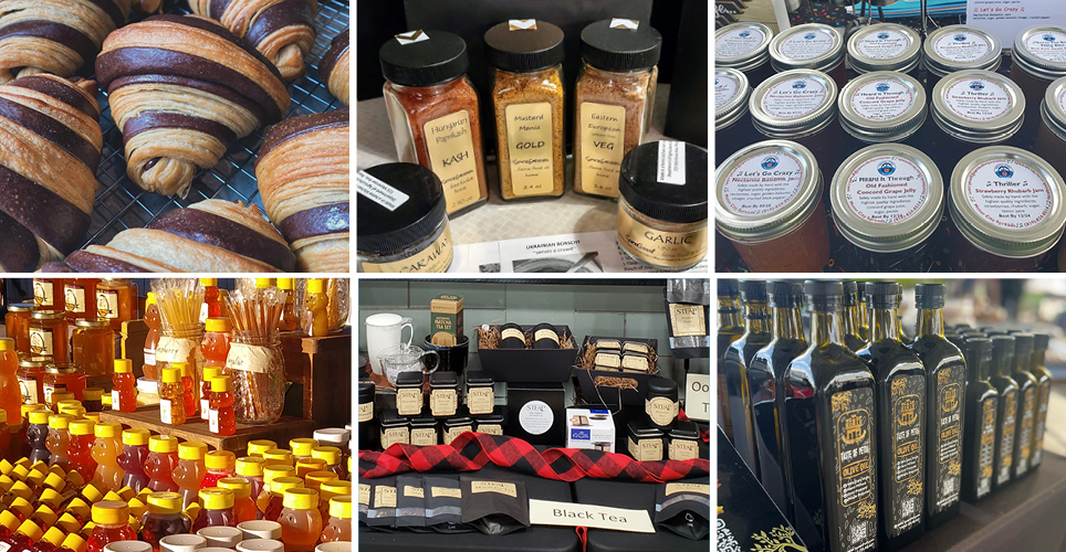 pastries, honey, spices, and other market items