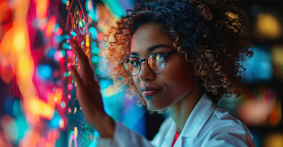 woman of color touching a colorful screen
