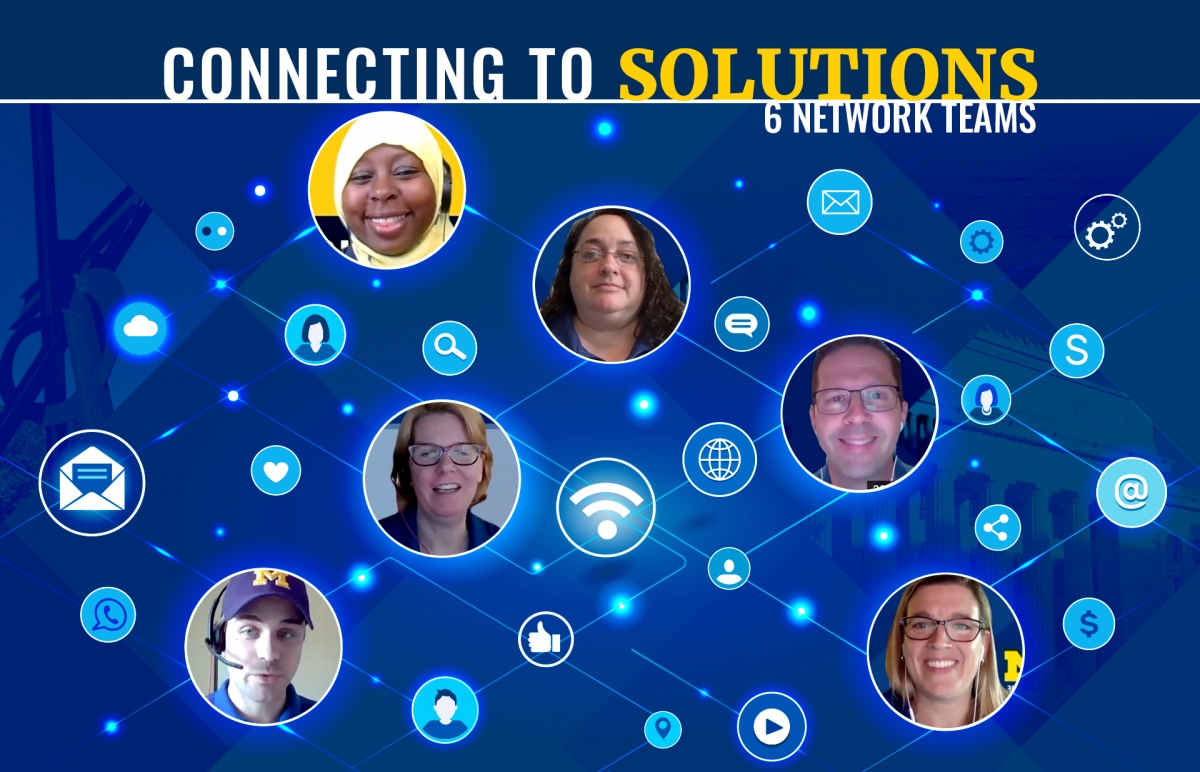Blue Background with interconnected circles depicting connections through Zoom meeting with headline “Connecting to Solutions”